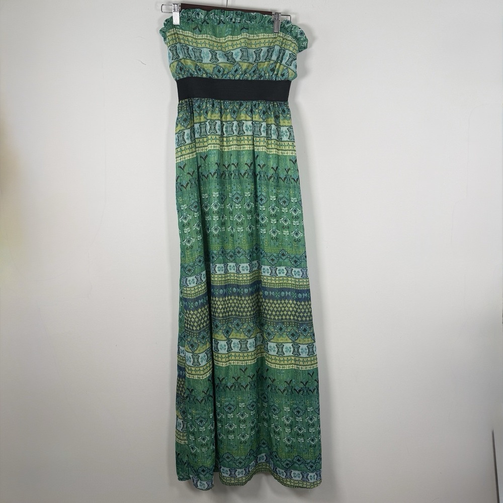 A. Beyer Dress Strapless Flowy Green Blue Women's Size Large Vacation Summer